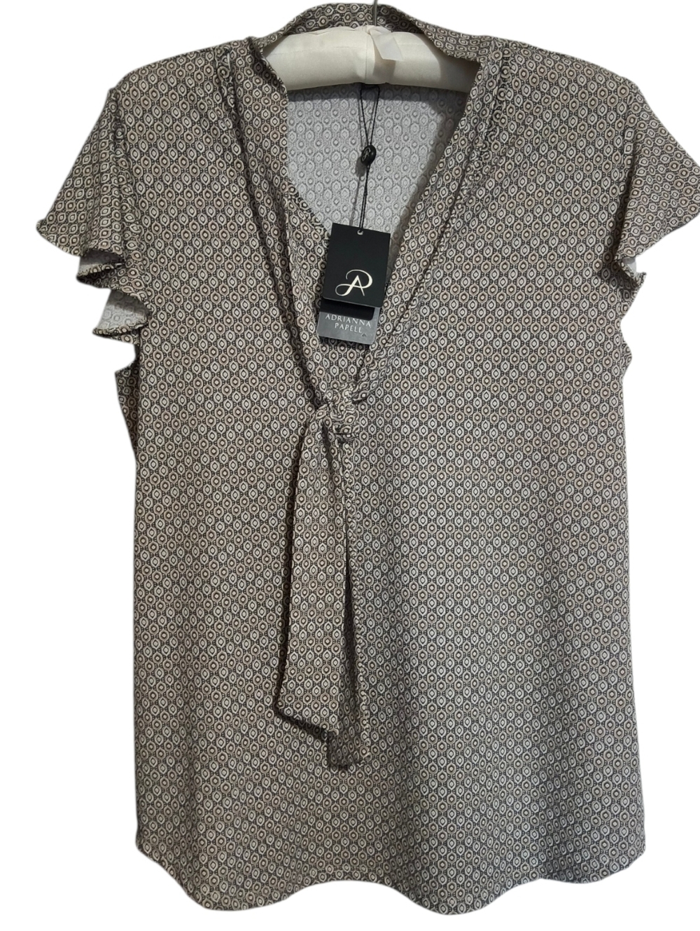Adrianna Papell Taupe & Cream Flutter Sleeve  Tie-Neck Patterned Blouse